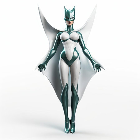 the 3d siren superhero, depicted in a powerful stance, stands isolated on a crisp white background, showcasing her vibrant, mythical mermaid-inspired costume and flowing locks, perfect for fantasy and comic book art enthusiasts, digital artists, and graphic designers seeking high-quality, full-body superhero illustrations. ai generatedの素材