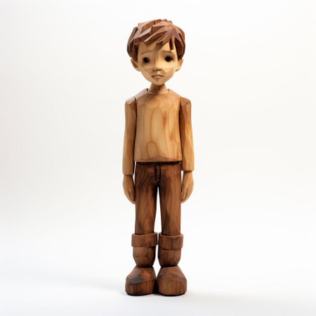 the wooden boy figurine, meticulously handcrafted with precision, stands proudly on a pristine white background, showcasing intricate details and textures, evoking a sense of rustic charm and whimsy, perfect for decorative accents or unique gifts, blending traditional craftsmanship with modern appeal. ai generatedの素材