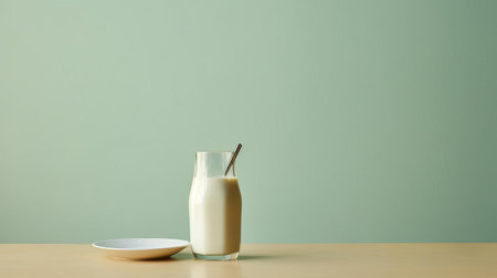 the vanilla milk, perfectly positioned on the table, exudes a sense of simplicity and elegance, showcasing a minimalist aesthetic, while the varied angle of the shot adds a touch of creativity, making for a visually appealing still life photography that highlights the beauty in everyday objects. ai generatedの素材
