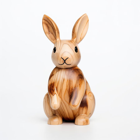 the handmade wood rabbit, crafted with precision and care, sits proudly on a pristine white background, showcasing its intricately carved full body, highlighting the artisan's skill in woodworking, perfect for home decor or as a unique gift for nature lovers and wooden craft enthusiasts. ai generatedの素材