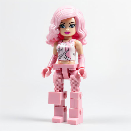 "penelope is brought to life in stunning 3d, crafted entirely from lego pieces. the plastic texture is prominent, with a glossy finish that catches the light. a sticker adorns her, showcasing intricate details. set against a clean white background, penelope stands in full body, ready for creative play.", ai generatedの素材