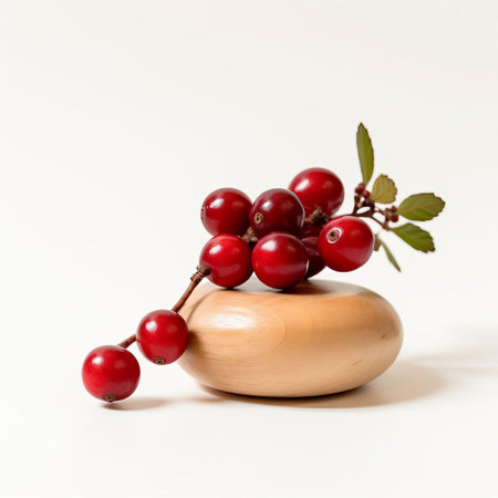 the handmade wood cranberry, showcased against a pristine white background, reveals its intricate details and natural beauty, highlighting the artisan's skill in crafting a lifelike wooden replica of the tart fruit, perfect for home decor, kitchen accessories, or rustic-themed gifts. ai generatedの素材