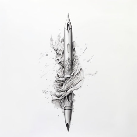a pencil with water droplets on top, showcasing a futuristic and sci-fi aesthetic. the image captures fluid movement and explosive wildlife, while also incorporating punctured canvases and black and white realism. the industrial and product design elements are accurately and intricately detailed. ai generatedの素材