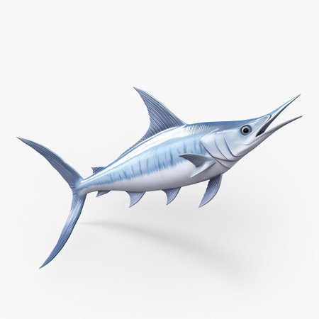 the swordfish, a majestic marine creature, is beautifully captured in this stunning 3d image, showcasing its full body in intricate detail, set against a crisp white isolated background, perfect for designs requiring a striking aquatic theme or ocean-inspired visuals. ai generatedの素材