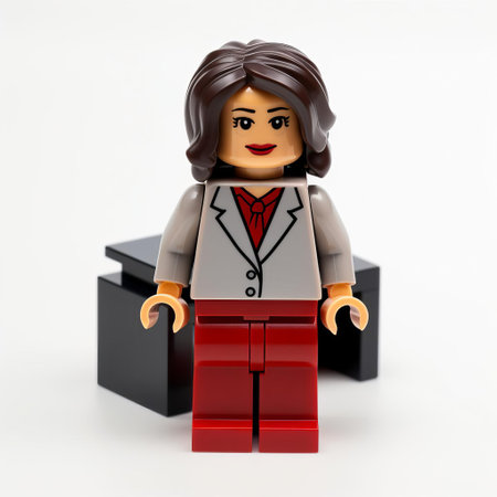the female executive assistant, meticulously crafted from lego bricks, stands confidently on a pristine white isolated background, showcasing a unique blend of creativity and professionalism, perfect for illustrating innovative business concepts, office environments, and entrepreneurial spirit. ai generatedの素材
