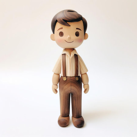 the wooden figurine of a young boy, crafted with precision and care, stands proudly on a pristine white background, showcasing the artisan's skill in capturing the innocence and charm of childhood, making it a unique piece of handmade wooden art, perfect for decorative purposes or as a thoughtful gift. ai generatedの素材