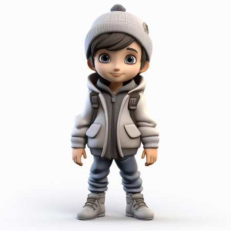 the cartoon boy, dressed in trendy beanie attire, stands confidently against a pristine white background, showcasing his vibrant 3d design, perfect for illustrations, animations, and digital art projects requiring a fun, youthful, and playful character. ai generatedの素材