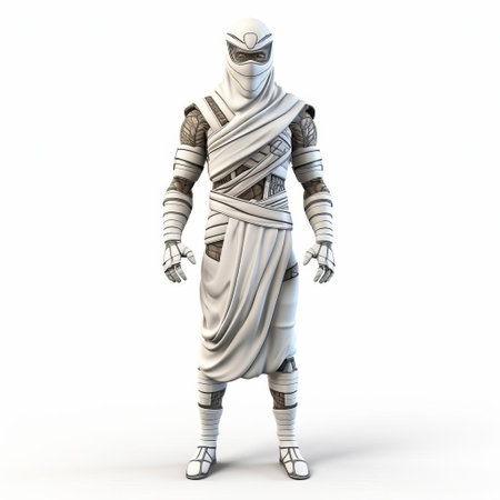 the 3d mummy superhero, dressed in a vibrant costume, stands proudly on a crisp white background, showcasing its powerful full-body pose, blending ancient egyptian mystique with modern-day superhero flair, perfect for fantasy and adventure designs, comics, and digital art projects. ai generatedの素材