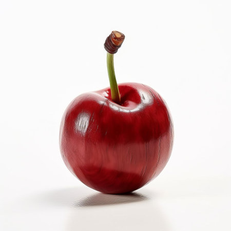 the handmade wooden cherry, crafted with precision and care, sits elegantly on a pristine white background, showcasing its intricate details and rich, reddish-brown hue, perfect for food, fruit, or still-life photography, highlighting the beauty of natural materials and artisanal craftsmanship. ai generatedの素材