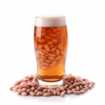 a glass of beer and a glass of beans sit side by side in this high-resolution, matte photo. the composition is reminiscent of a secessionist style, with creased textures adding depth to the image. this associated press photo captures the unique combination of these elements, creating an intriguing visual narrative. ai generatedの素材