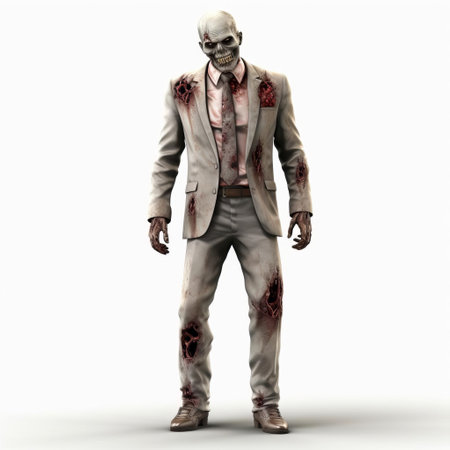 the 3d zombie, dressed in a suit, stands eerily still on a pristine white background, its undead eyes seeming to pierce through the isolation, evoking a sense of foreboding and dread, perfect for horror and halloween-themed designs, digital art, and spooky visual effects. ai generatedの素材