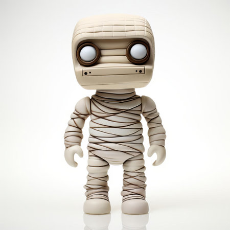 the superplastic mummy vinyl toy stands proudly on a pristine white background, showcasing its intricately designed wrapping and eerie gaze, a must-have collectible for fans of spooky figurines and limited edition art toys. ai generatedの素材