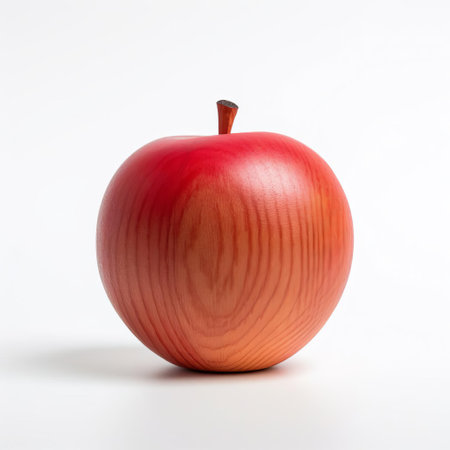 the handmade wood nectarine, crafted with precision and care, sits proudly on a pristine white background, showcasing its intricate details and natural beauty, highlighting the artisan's skill in woodworking, wooden fruit, and decorative home decor. ai generatedの素材