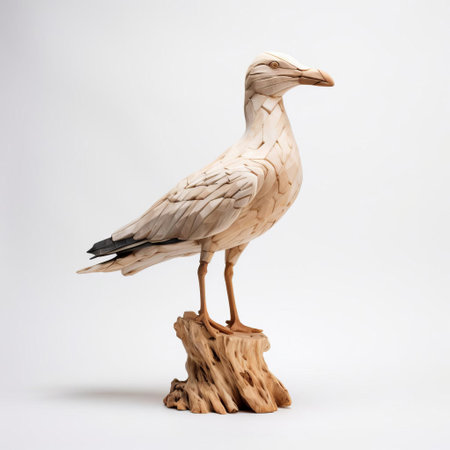 the seagull, meticulously handcrafted from wood, stands proudly on a pristine white background, showcasing its intricate details and textures, evoking the serenity of a coastal scene, perfect for nature lovers and enthusiasts of wooden decorative art, coastal decor, and handmade collectibles. ai generatedの素材