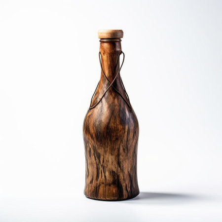 this handmade wood bottle, crafted with precision and care, sits elegantly on a pristine white background, showcasing its intricate wooden grain patterns and natural beauty, perfect for rustic home decor, wooden crafts, and eco-friendly living enthusiasts. ai generatedの素材