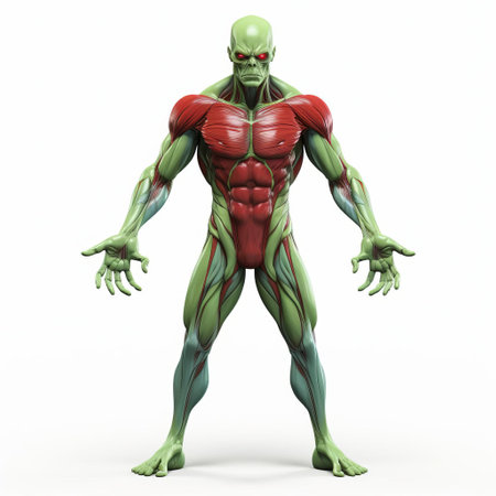 the 3d zombie superhero, dressed in a vibrant costume, stands proudly on a clean white background, showcasing its undead yet powerful physique in a full-body pose, perfect for horror, halloween, or comic book-inspired designs and digital art projects. ai generatedの素材
