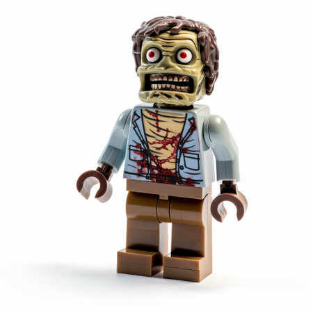the lego zombie, isolated on a pristine white background, stands in a menacing pose, showcasing its gruesome yet colorful lego bricks, perfect for fans of the popular toy series and enthusiasts of the undead, highlighting the intricate details of the miniature figure. ai generatedの素材