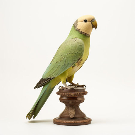 the vibrant monk parakeet, meticulously handcrafted from wood, perches proudly on a pristine white background, showcasing its bright plumage and intricate details, perfect for bird enthusiasts and decorative art collectors seeking unique, eco-friendly, and sustainable wooden sculptures. ai generatedの素材