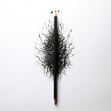 a pencil drawing of a flower sits atop a conceptual sculpture, resembling a burned and charred structure made entirely of feathers. this optical illusion, captured in a matte photo, showcases wavy lines and features witty and clever cartoons. ai generatedの素材