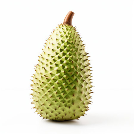 the soursop, a tropical fruit with a unique, prickly exterior, is showcased in all its glory against a crisp white background, highlighting the intricate details of its handmade wooden replica, perfect for fruit enthusiasts, woodcraft collectors, and lovers of exotic botanicals. ai generatedの素材