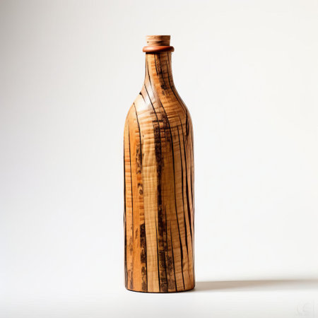 the handmade wood bottle, crafted with precision and care, sits proudly on a pristine white background, showcasing its intricate wooden grain patterns and rustic charm, perfect for rustic home decor, wooden decorative accents, and unique gift ideas for nature lovers and woodworking enthusiasts. ai generatedの素材