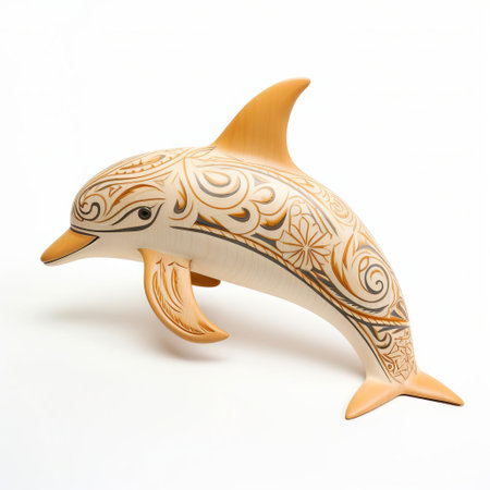 the dolphin, crafted from natural wood, showcases exquisite handmade details, its sleek body and dorsal fin meticulously carved to perfection, set against a pristine white background, evoking a sense of oceanic serenity and tranquility, perfect for coastal-themed home decor or marine-inspired gifts. ai generatedの素材