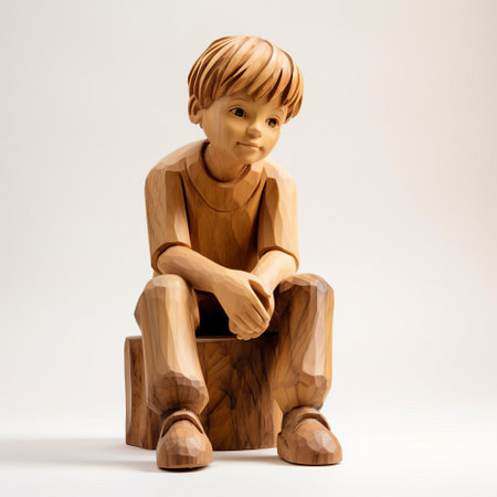 the wooden boy figurine, meticulously handcrafted from natural wood, stands proudly on a pristine white background, showcasing intricate details and textures, highlighting the artisan's skill in woodworking, perfect for decorative purposes or as a unique gift for woodcraft enthusiasts. ai generatedの素材