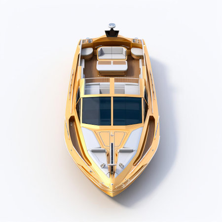 a large golden boat, showcasing high detailed precisionist style, is captured in a frontal perspective from an aerial view. the polished craftsmanship and streamline elegance of this 32k uhd image highlight the beauty and grandeur of the boat on a hard surface. ai generatedの素材