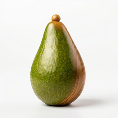 the handmade wood avocado, meticulously crafted with precision, sits proudly on a pristine white background, showcasing its intricately carved details, capturing the essence of a ripe avocado, perfect for foodies, interior designers, and woodworking enthusiasts alike, highlighting the beauty of natural wood and artisanal craftsmanship. ai generatedの素材
