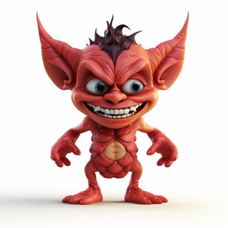 the demon, a 3d cute male character, stands confidently on a pristine white background, showcasing his vibrant red skin, sharp horns, and pointed tail, perfect for fantasy and mythology-inspired designs, digital art, and graphic novels, evoking a sense of mischief and playfulness. ai generatedの素材