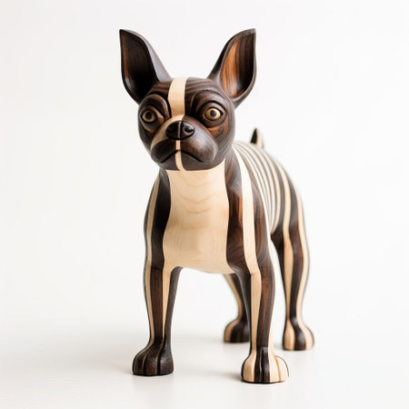 this adorable handmade wood boston terrier figurine, crafted with precision and care, sits proudly on a pristine white background, showcasing its full body in a lifelike pose, perfect for dog lovers and wooden decorative art enthusiasts alike, blending rustic charm with modern appeal. ai generatedの素材