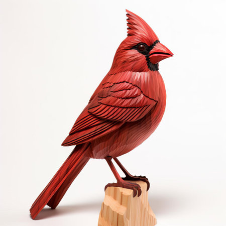 the handmade wood cardinal, meticulously crafted with precision, stands proudly on a pristine white background, showcasing its vibrant red plumage and distinctive crest, evoking a sense of rustic charm and natural beauty, perfect for nature-inspired home decor and bird enthusiast gifts. ai generatedの素材