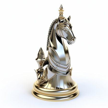 the 3d knight chess figure stands proudly on a pristine white isolated background, showcasing its intricately designed armor and majestic horsehead, evoking a sense of medieval grandeur and strategic gameplay, perfect for chess enthusiasts and 3d model collectors alike. ai generatedの素材