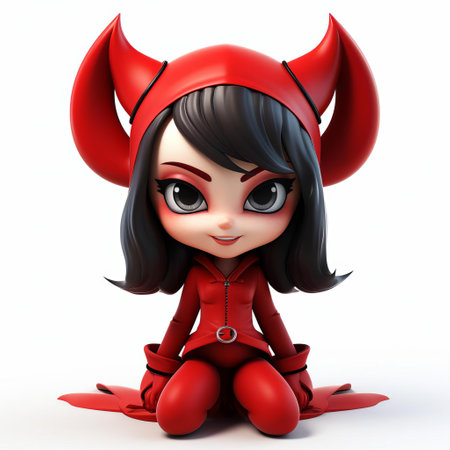 the devilish female character, dressed in a red and black costume, poses confidently on a pure white background, showcasing her playful and mischievous personality, perfect for illustrations, animations, and digital designs requiring a charming and whimsical 3d model of a cute devil girl. ai generatedの素材