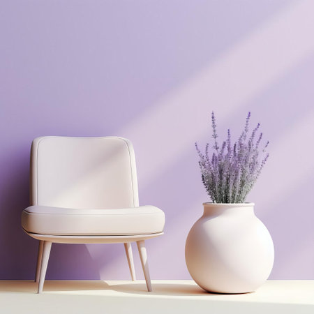 the minimalist person, surrounded by a serene lavender ambiance, embodies the essence of 51-55 style, where simplicity meets elegance, reflecting the principles of product design that emphasize functionality and clean aesthetics, creating a sense of calmness and sophistication. ai generatedの素材