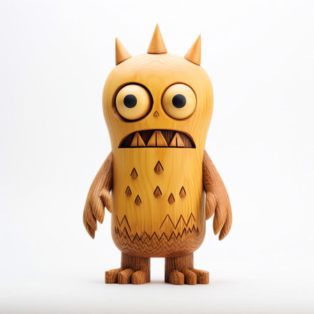 the handmade wood monster, crafted with precision and care, stands proudly on a pristine white background, showcasing its intricately carved body, from its sturdy wooden limbs to its expressive facial features, a true masterpiece of wooden artistry and craftsmanship. ai generatedの素材