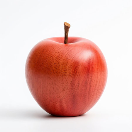 the handmade wood nectarine, crafted with precision and care, sits proudly on a pristine white background, showcasing its intricate details and natural beauty, highlighting the artisan's skill in woodworking, wooden fruit, and decorative home decor. ai generatedの素材