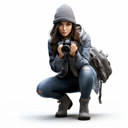 the female photographer, dressed in casual attire, holds a professional camera and poses confidently in front of a clean white isolated background, showcasing her creative skills and expertise in 3d photography, highlighting the art of capturing stunning images and telling stories through visual art. ai generatedの素材