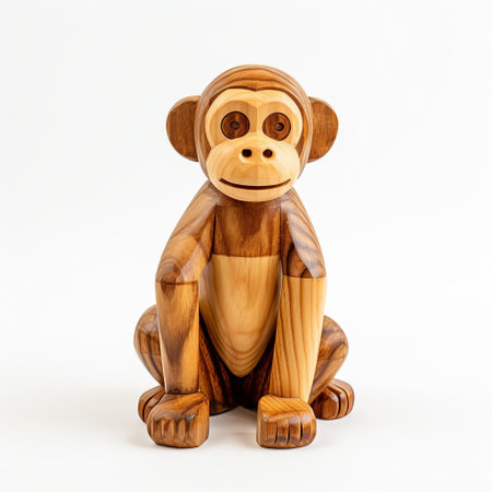 this intricately carved handmade wood monkey, showcased on a pristine white background, captures the essence of artisanal craftsmanship, blending traditional woodworking techniques with modern design, perfect for home decor, wooden sculptures, and animal figurine enthusiasts. ai generatedの素材