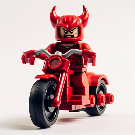 the lego devil, dressed in a red and black attire, sits confidently on a sleek motorcycle, showcasing its mischievous personality, against a pristine white background, highlighting the creative and playful world of lego toys and motorcycle enthusiasts. ai generatedの素材