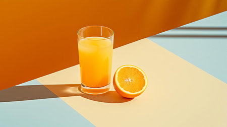 freshly squeezed orange juice sits elegantly on a minimalist table setting, capturing the viewer's attention with its vibrant color and varied angle, evoking a sense of simplicity and serenity, perfect for a refreshing morning routine or a healthy breakfast inspiration. ai generatedの素材
