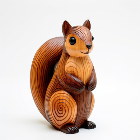 this handmade wood squirrel, crafted with precision and care, sits proudly on a pristine white background, showcasing its intricately carved full body, highlighting the artisan's skill in woodworking, making it a unique piece of wooden decorative art, perfect for nature-inspired home decor and wooden animal figurine collectors. ai generatedの素材