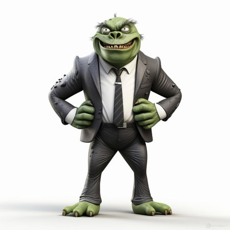 the 3d monster, dressed in a sleek business suit, stands confidently on a pristine white background, its full body pose exuding an air of professional yet eerie charm, perfect for fantasy and horror-themed designs, digital art, and futuristic illustrations. ai generatedの素材