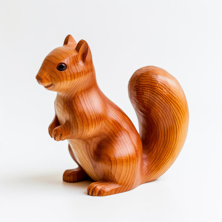 the wooden squirrel, meticulously handcrafted with precision, sits proudly on a pristine white background, showcasing its intricately carved full body, capturing the essence of rustic charm and whimsical woodland wonder, perfect for nature-inspired home decor and rustic-themed gifts. ai generatedの素材