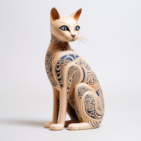the siamese cat, a stunning handmade wooden figurine, sits proudly on a crisp white background, showcasing its sleek full body, intricately crafted to capture the breed's signature pointy ears and slender physique, perfect for feline enthusiasts and wooden decorative art collectors. ai generatedの素材