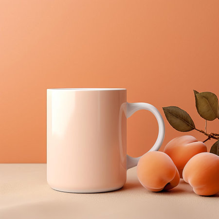 the apricot mug mockup sits elegantly against a warm, inviting apricot shades colored background, perfect for showcasing your branding designs, logos, or quotes in a stylish and modern way, ideal for coffee shops, cafes, or food bloggers. ai generatedの素材