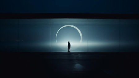 a man stands in a glass light structure at night, embodying the minimalist style of graphic designer jessica rossier and photographer hiroshi sugimoto. the circular shapes and minimalistic serenity create a captivating atmosphere. this image, captured using large format film and showcasing solarizing mastery, exudes a sense of tranquility and artistic brilliance. ai generatedの素材