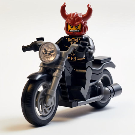 the lego demon, with its vibrant red skin and menacing horns, sits confidently on a sleek motorcycle, its bright chrome pipes and black leather seat gleaming against a pristine white background, evoking a sense of rebelliousness and dark fantasy, perfect for fans of motorcycle culture and lego enthusiasts alike. ai generatedの素材
