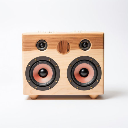 this handmade wood speaker, crafted with precision and care, sits proudly on a pristine white background, showcasing its sleek design and natural wood grain, perfect for audiophiles seeking a unique and eco-friendly sound system solution that combines style with high-quality audio performance. ai generatedの素材