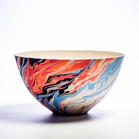 a black and orange marbled bowl is showcased on a clean white background. this captivating still life photograph, inspired by the style of light red and blue, captures the essence of dramatic lighting. created by david walker, a renowned hard edge painter, the image exhibits fluid photography techniques reminiscent of tom thomson's precision painting. ai generatedの素材